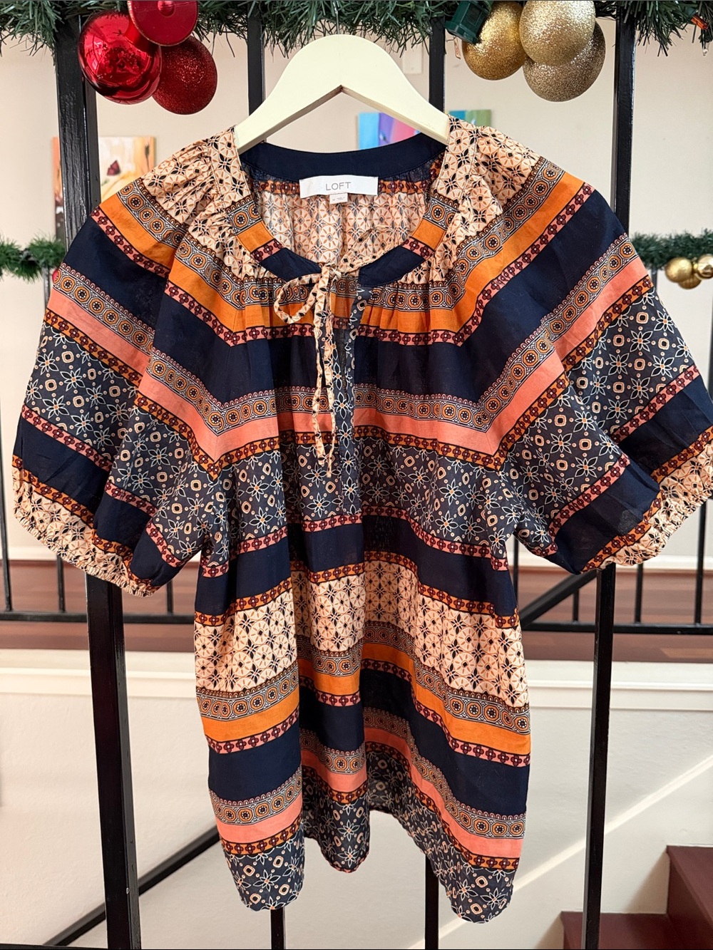 LOFT Navy and Rust Striped Printed Peasant Blouse